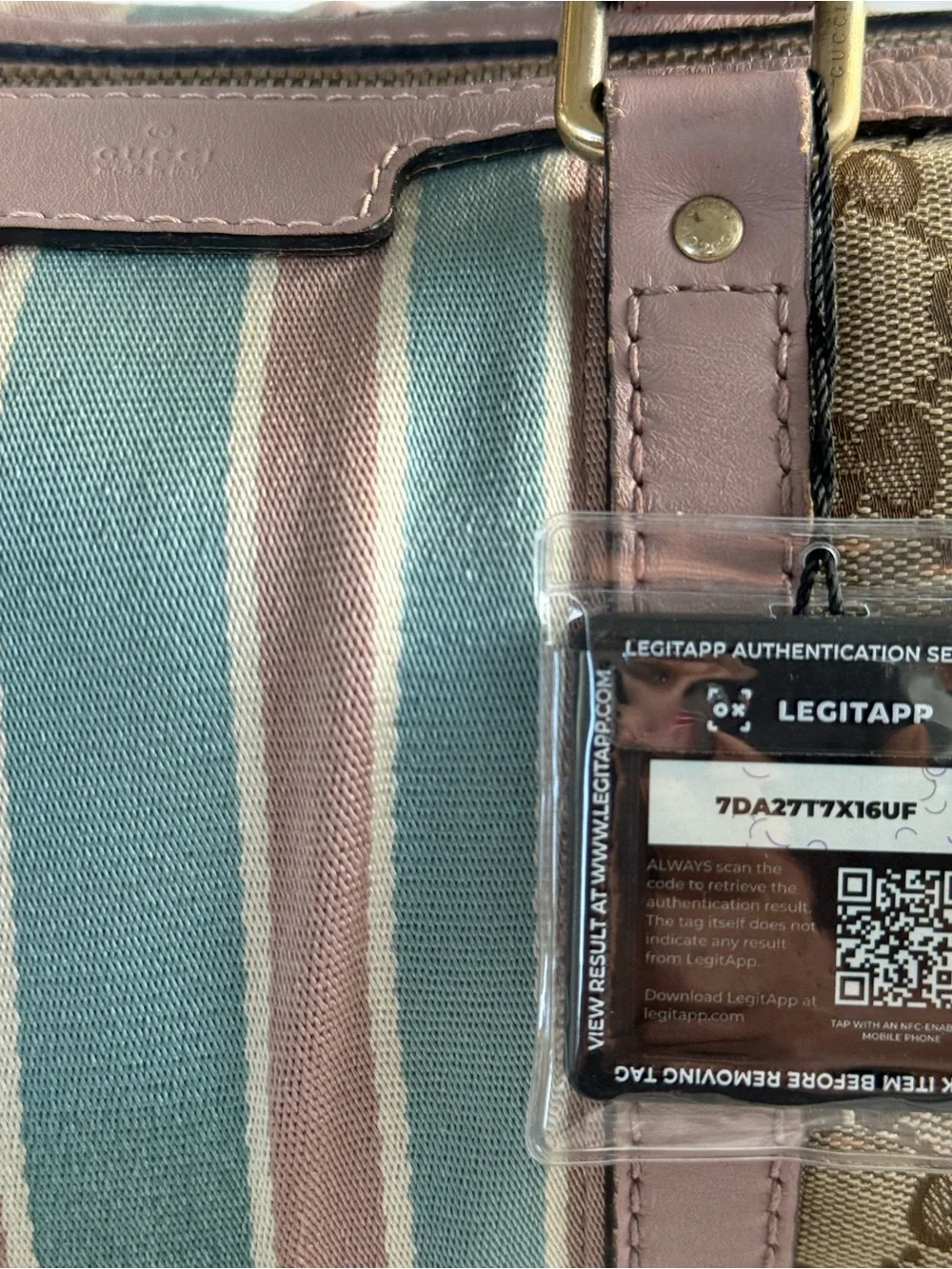 Gucci Beige GG Canvas Satchel with Pink Trim and Blue-Green Stripe